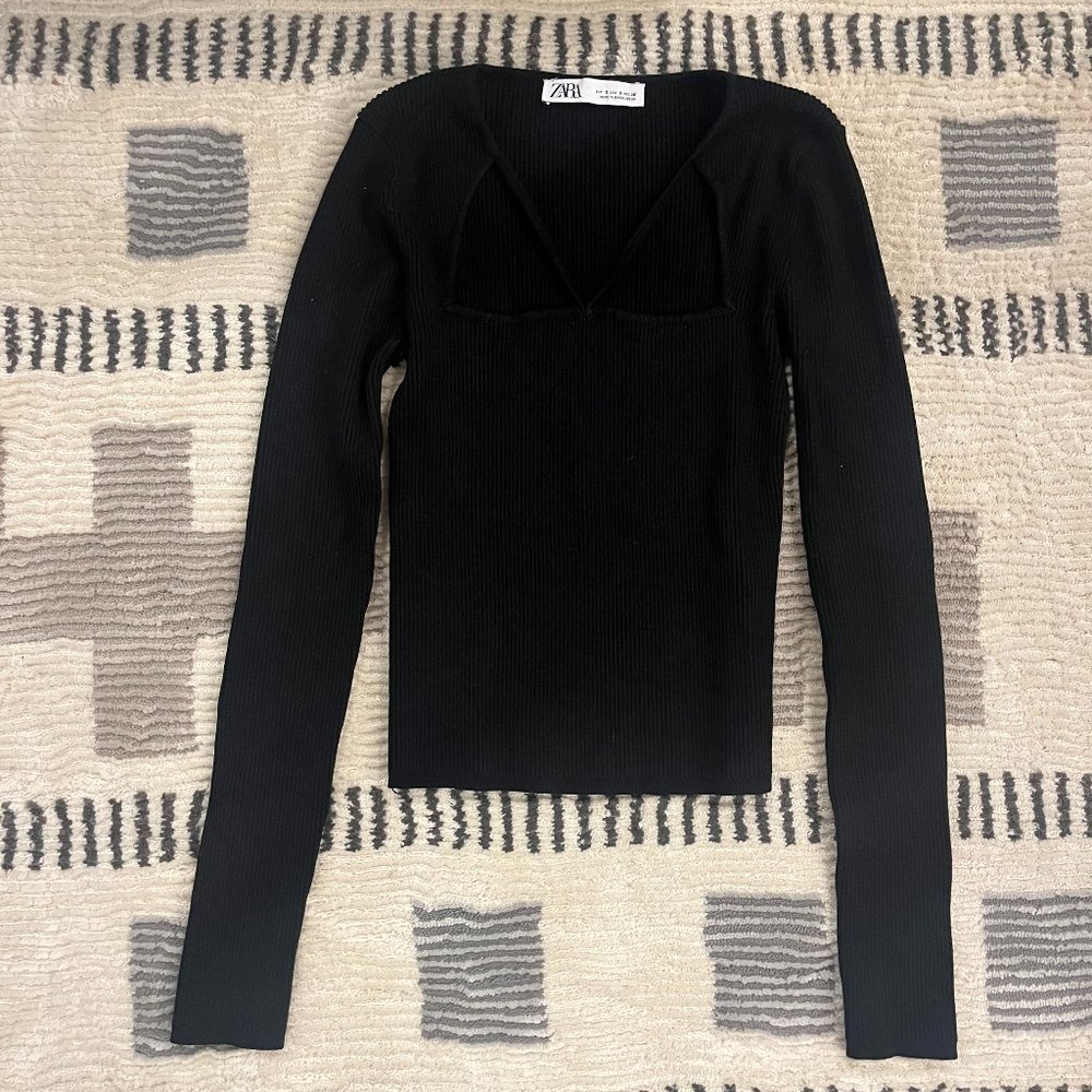 Zara Chest Cutout Ribbed Sweater - Black